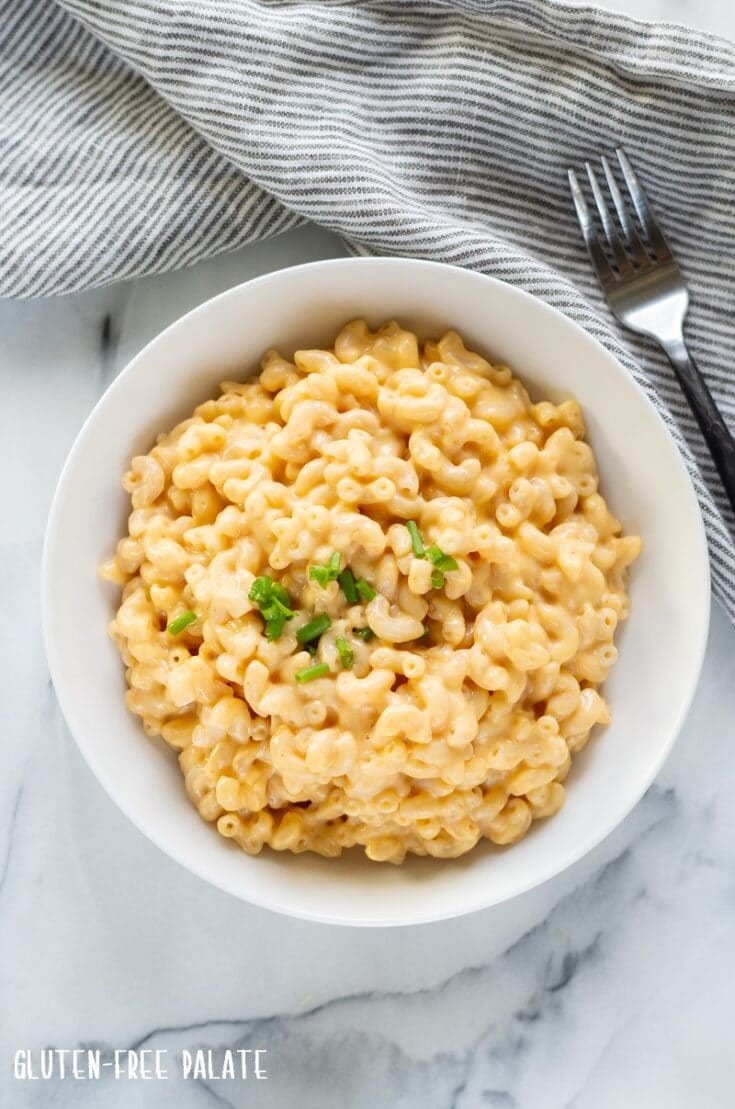 gluten free mac and cheese in a white bowl