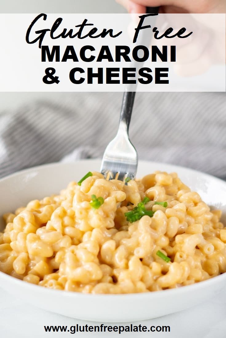 a fork in mac in cheese in a white bowl with the text overlay gluten free macaroni and cheese
