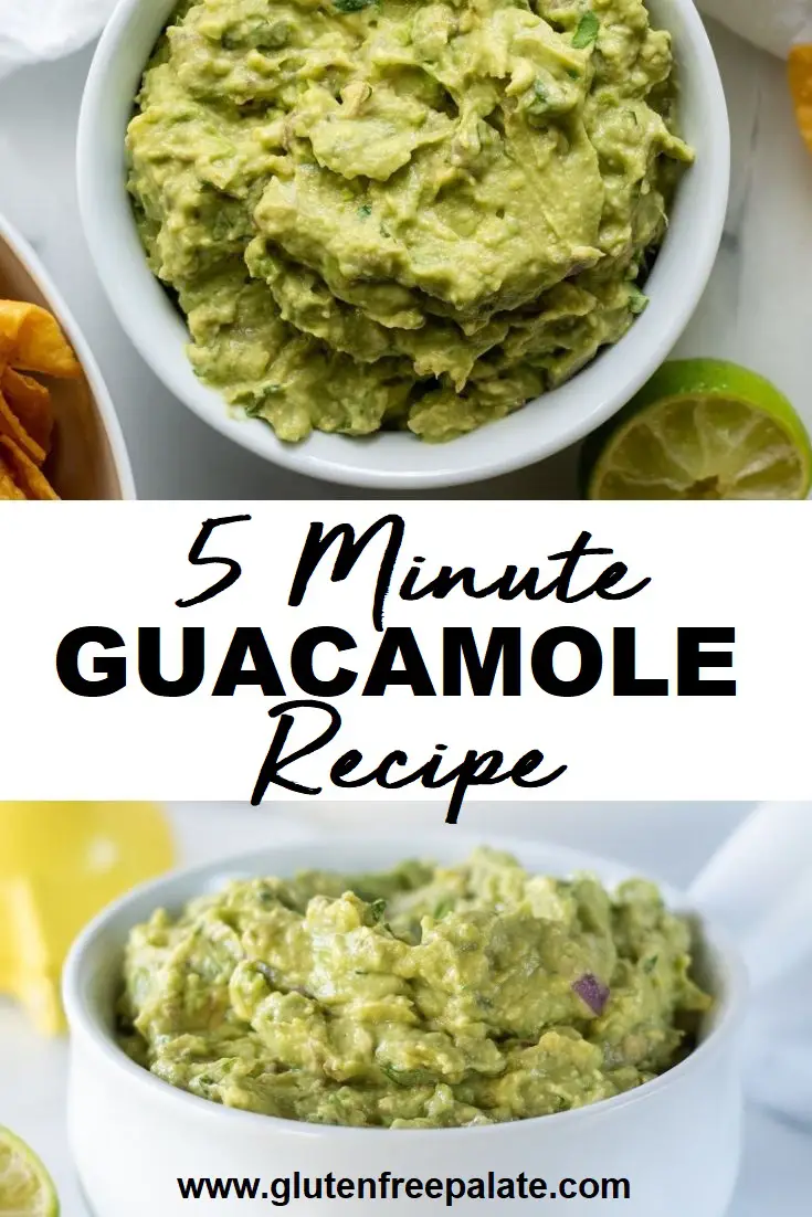 collage of two images of close ups of guacamole with the words 5 minute guacamole recipe written in the center
