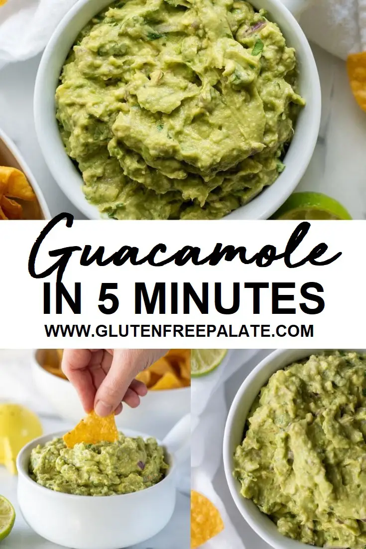 three image close ups of guacamole with the words guacamole in 5 minutes written in the center