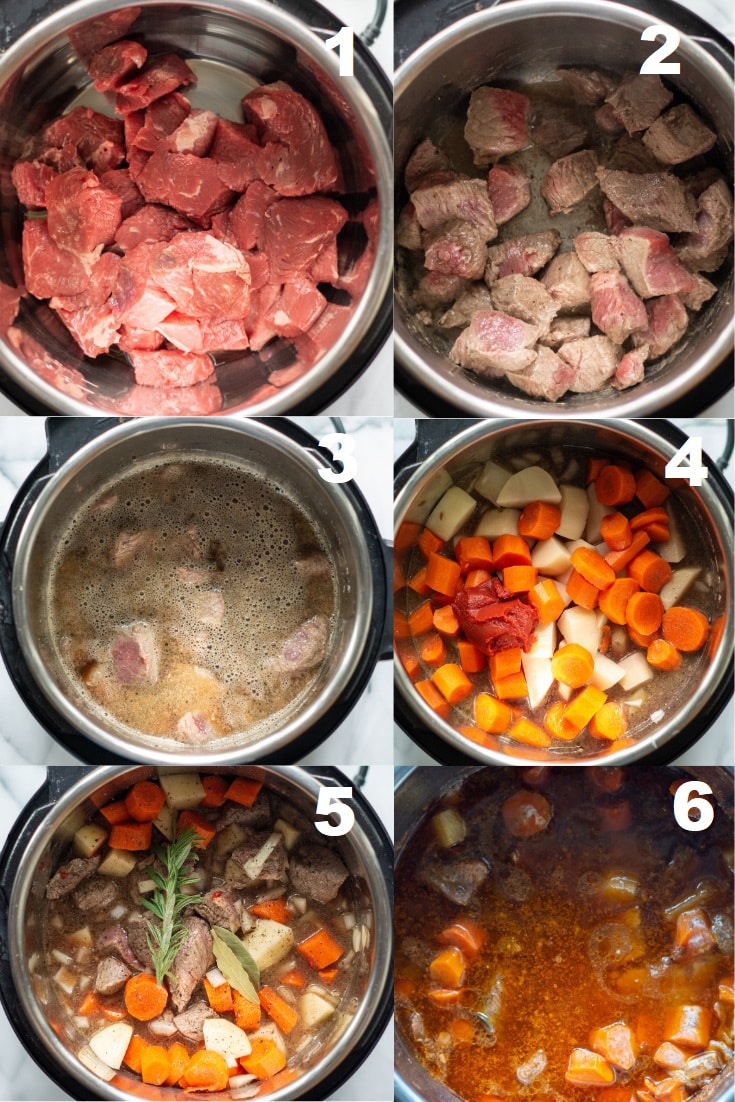 collage of six numbered photos showing how to make gluten free beef stew