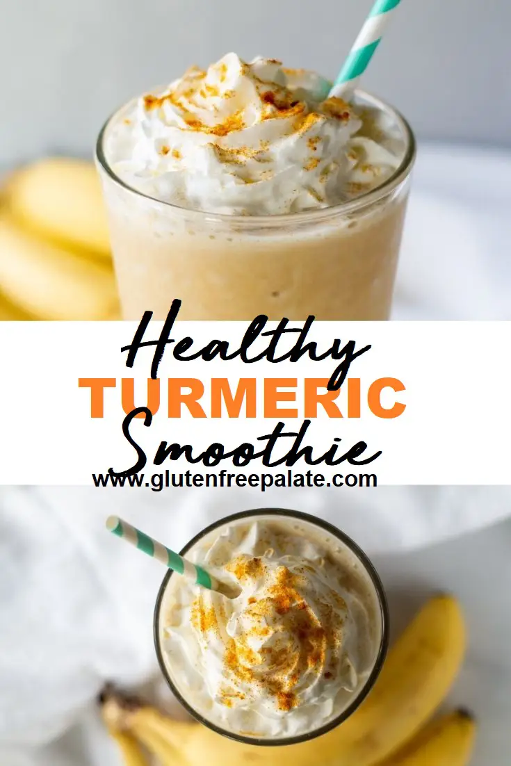 collage of two images of yellow smoothie with whipped cream on top with the words healthy turmeric smoothi written in the center
