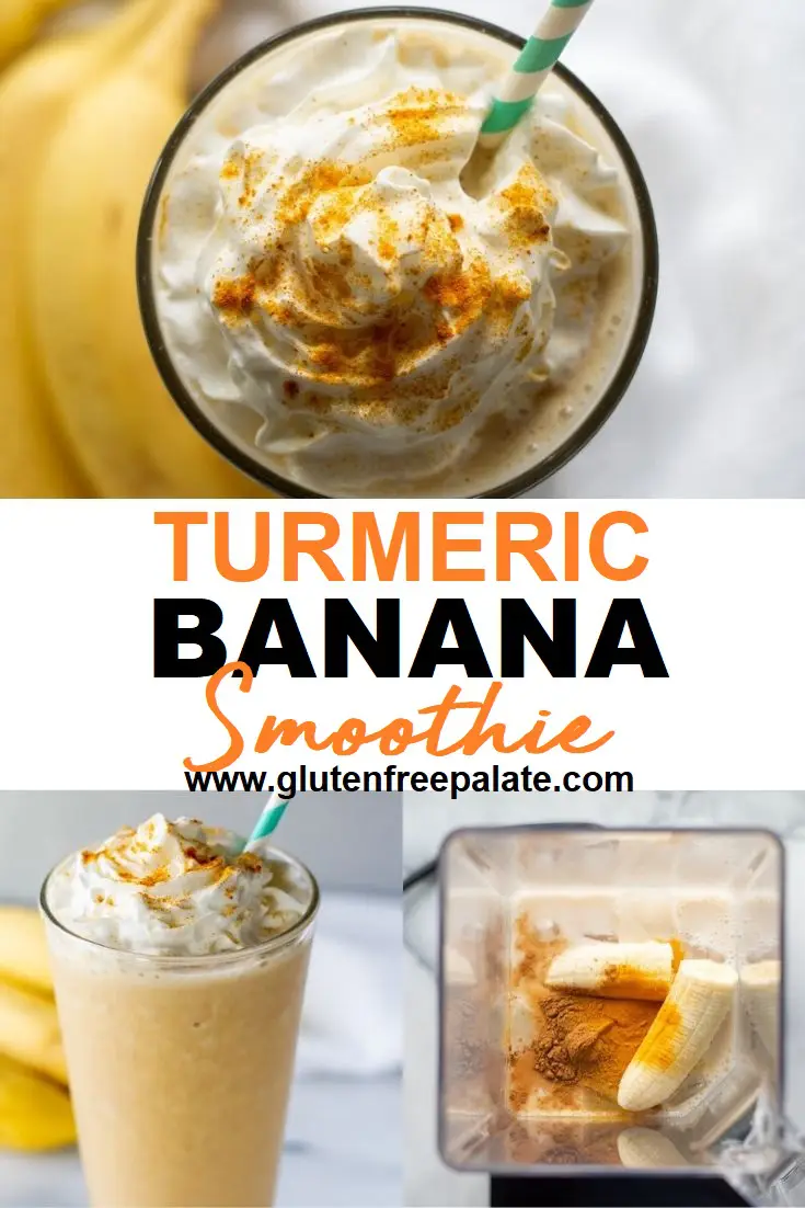 three images of turmeric smoothie in a collage with turmeric banana smoothie in the center