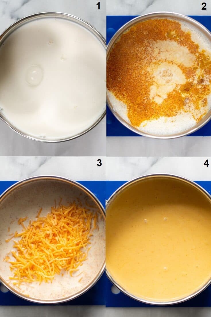 a collage of four images showing how to make gluten free macaroni and cheese that match the numbered steps below