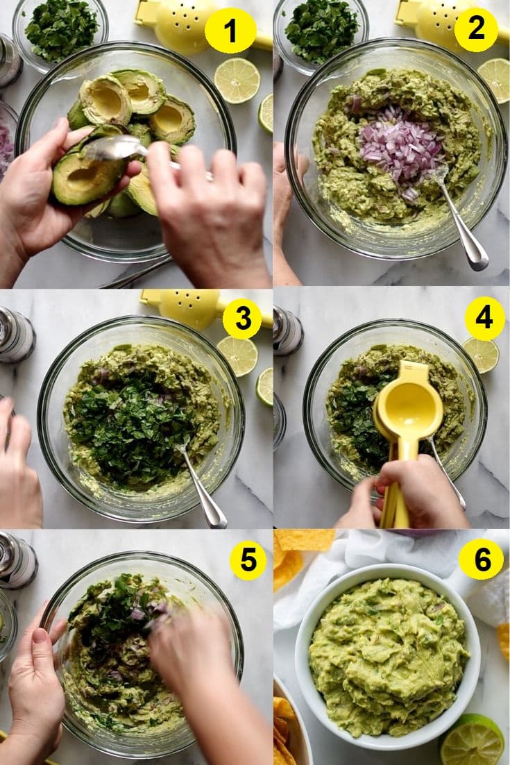 a collage of six numbered photos showing how to make guacamole