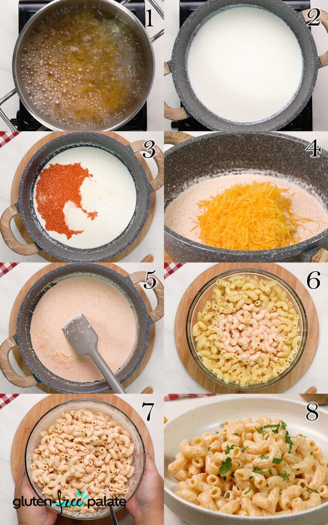 a collage of images showing how to make gluten-free macaroni and cheese that match the numbered steps below