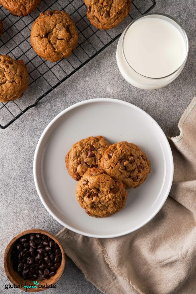 Gluten-Free Peanut Butter Chocolate Chips cookies on a plate.