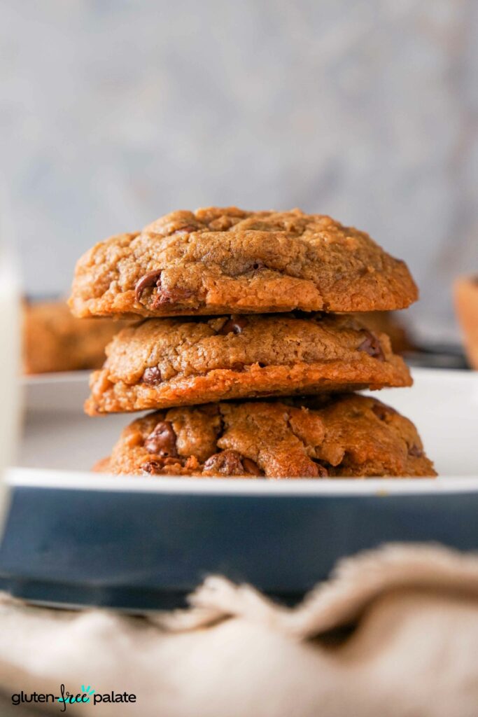 Gluten-Free Peanut Butter Chocolate Chips cookies stacked on a plate.