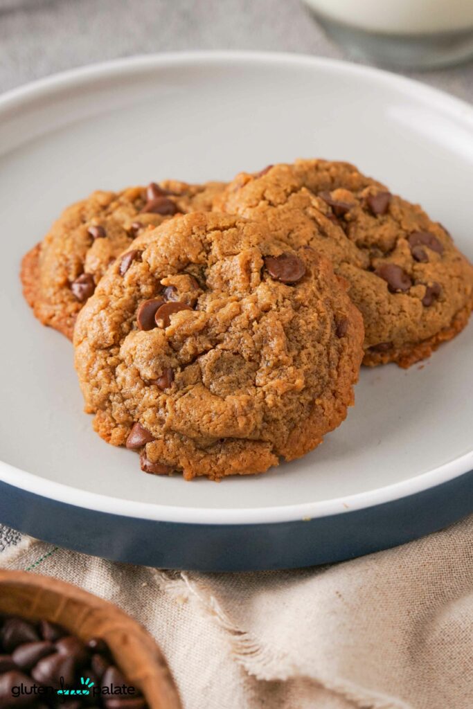 Gluten-Free Peanut Butter Chocolate Chips cookies on a white plate.