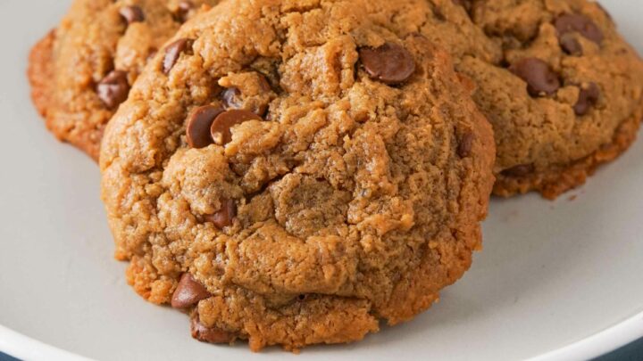 Gluten-Free Peanut Butter Chocolate Chips cookies on a white plate.
