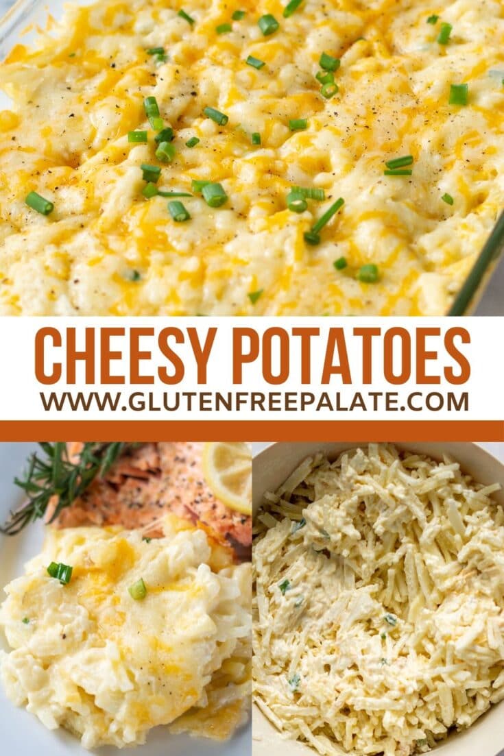 Three images of cheese potatoes with the words cheesy potatoes written in the center