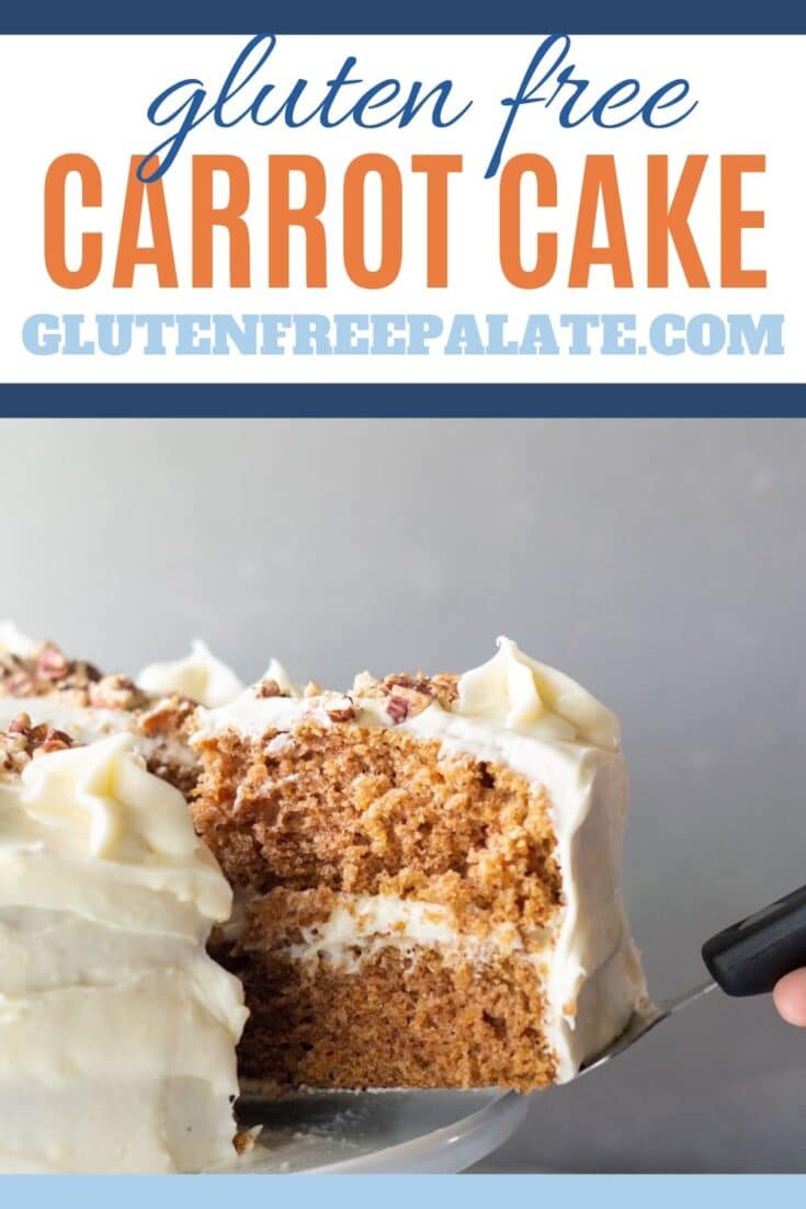 a serving utentil moving a slice of gluten free carrot cake from a white cake stand with the words gluten free carrot cake on the top