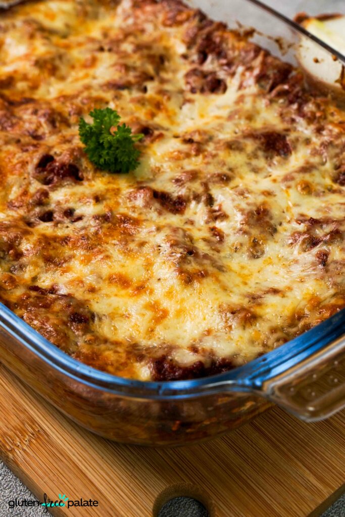Close up view of Gluten-Free lasanga in a casserole dish.