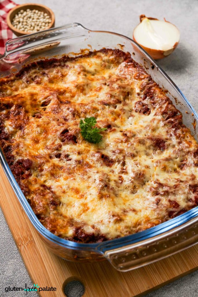 Gluten-Free lasanga in a casserole dish.