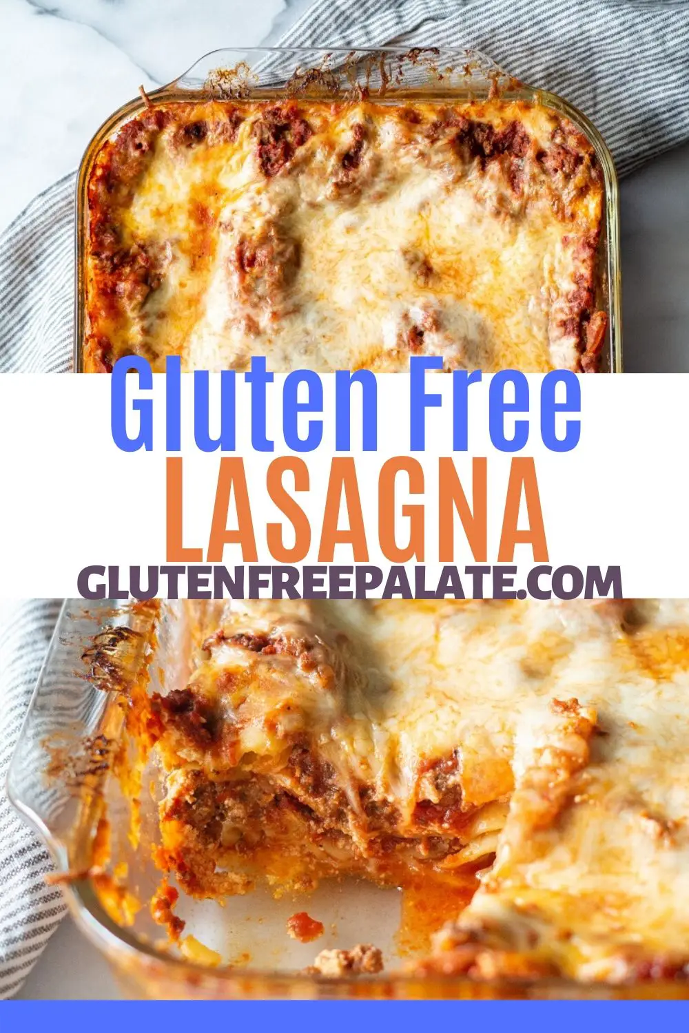 two close up images of cheese topped lasagna with the words gluten-free lasagna in the middle
