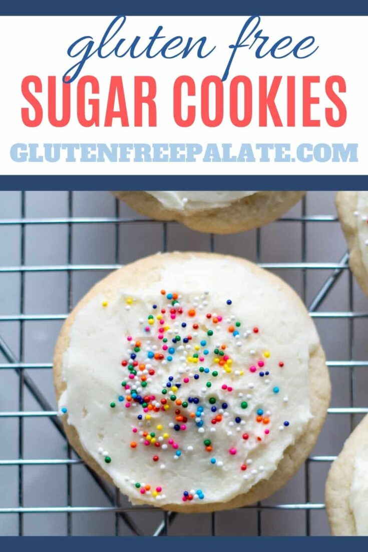 a round cookie with white frosting and colored sprinkles on a cooling rack with the words gluten free sugar cookies