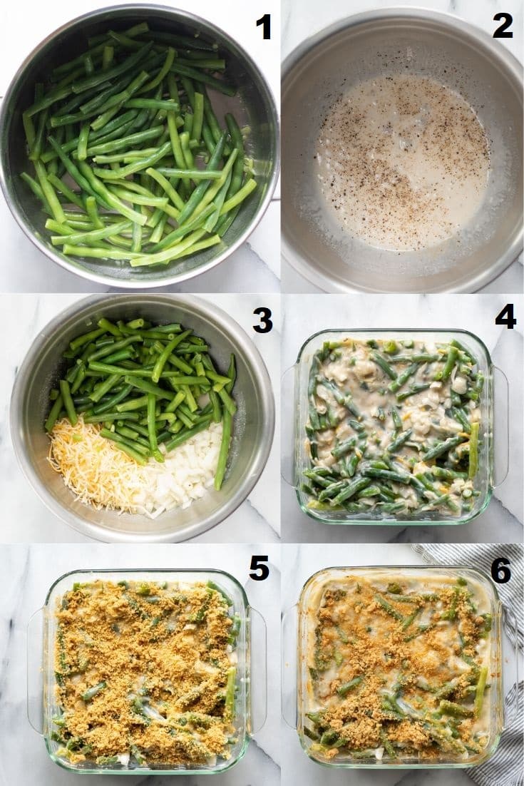 six numbered images showing the steps to Make Gluten-Free Green Bean Casserole