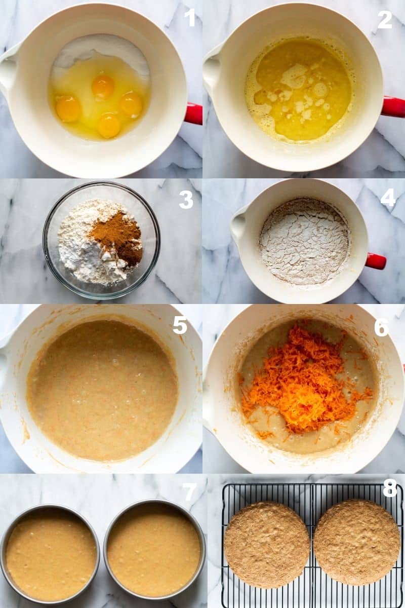 eight numbered images in a collage showing the steps how to make Gluten-Free Carrot Cake
