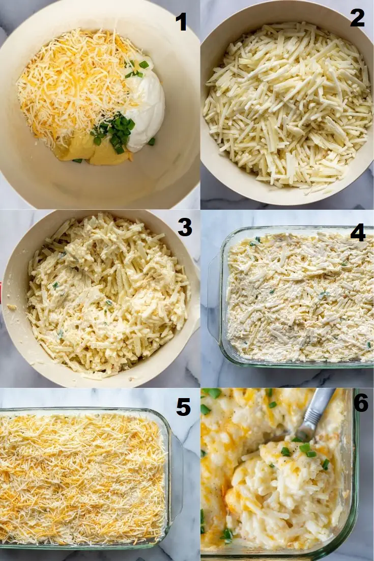 six image collage showing the steps how to make cheesy potatoes