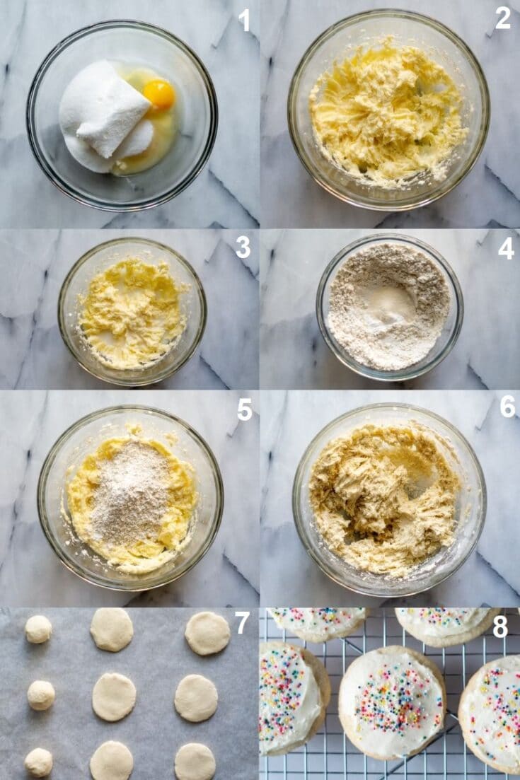 eight numbered photos in a collage showing how to make gluten free sugar cookies