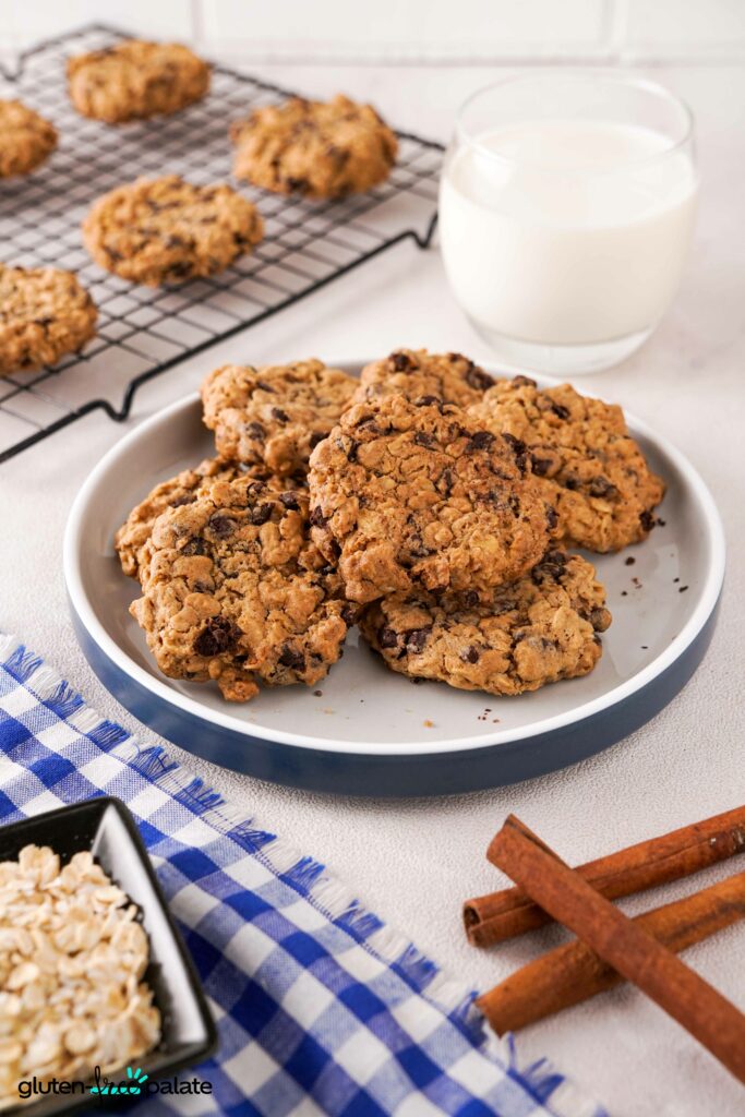 Close up of Gluten-Free oatmeal cookies in a white plate and others on a cooling rack.