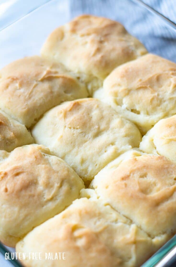 close up of nine gluten free rolls in a glass baking dish