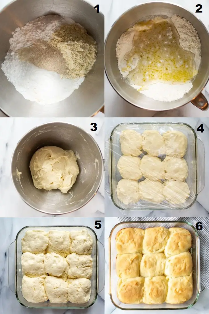 a collage of six photos showing how to make gluten-free dinner rolls