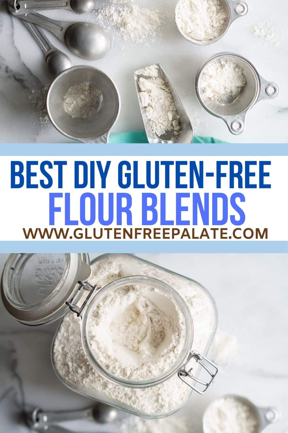 a pinterest pin collage of jars of gluten free flour with the words best diy gluten-free flour blends in text in the center