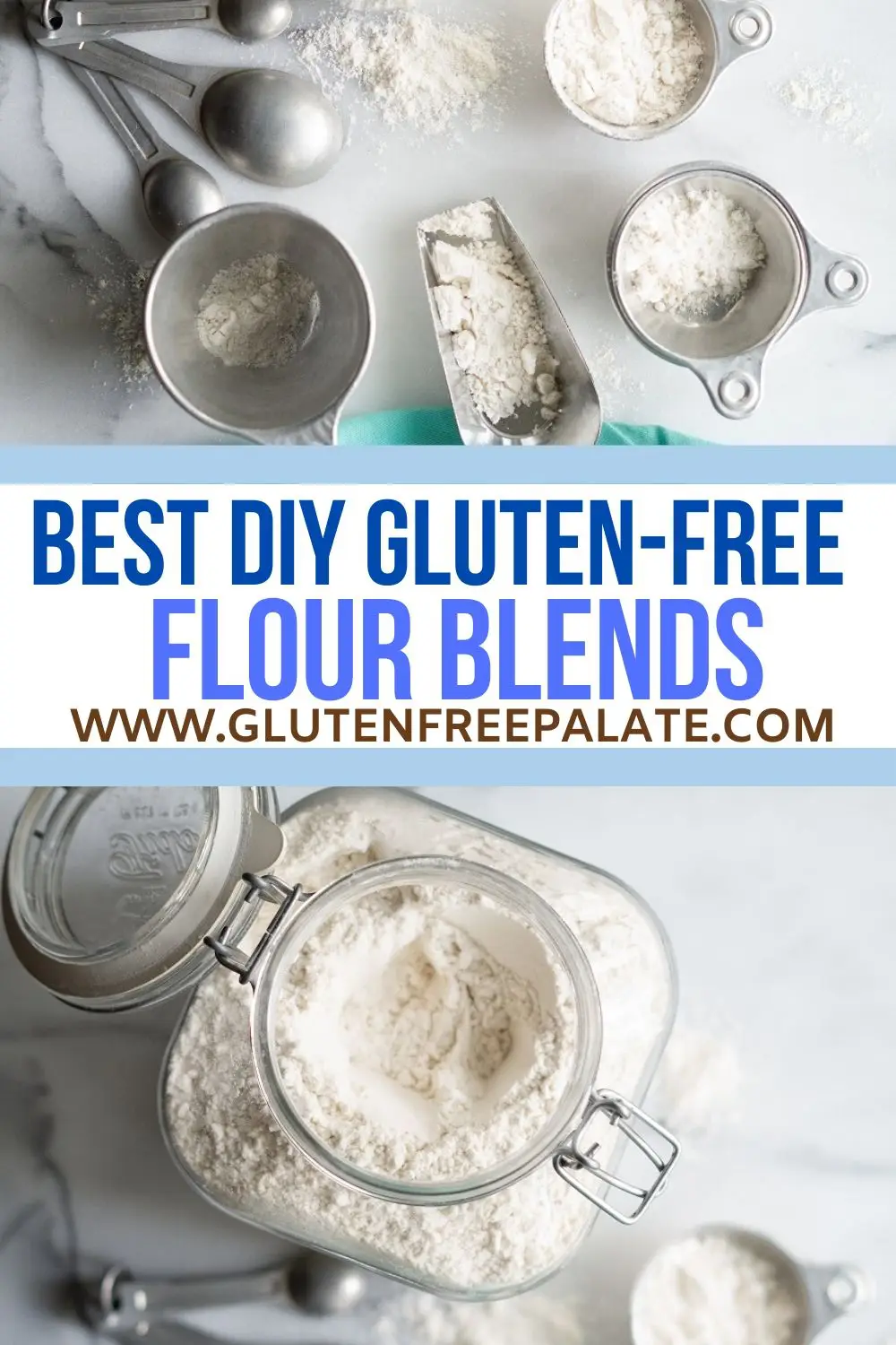 a pinterest pin collage of jars of gluten free flour with the words best diy gluten-free flour blends in text in the center