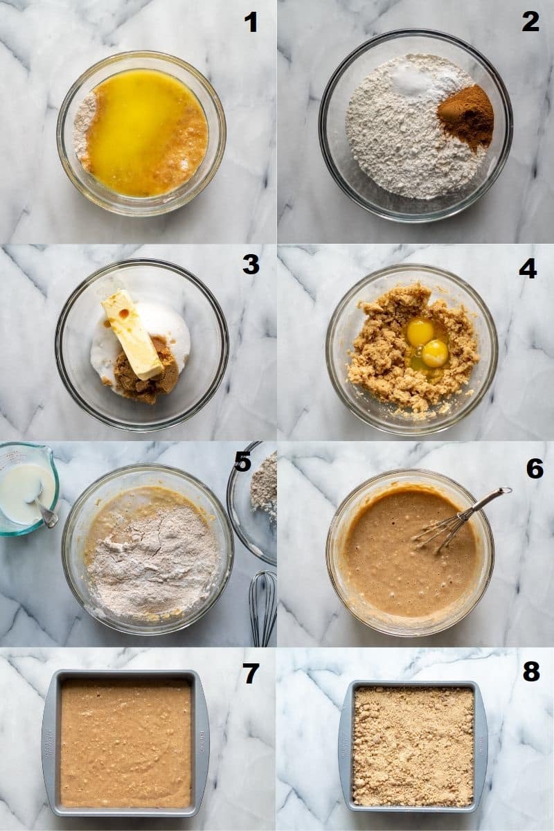 a collatge of eight photos showing the steps to make gluten free coffee cake