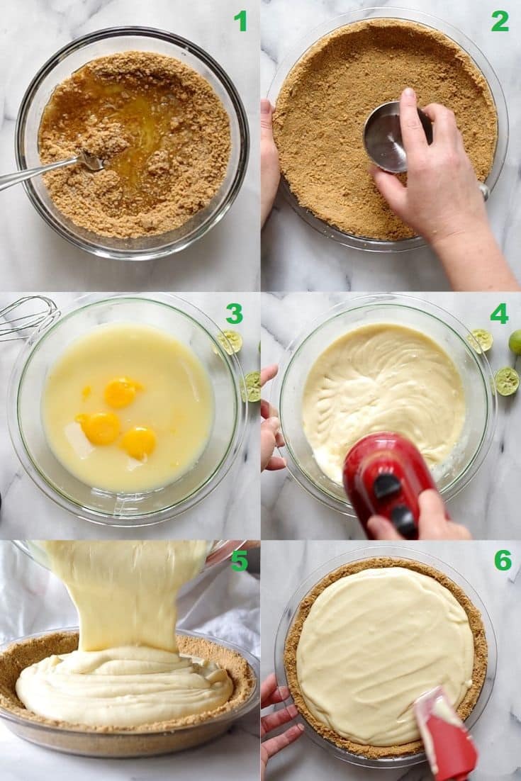 six photos showing the steps on how to make gluten free key lime pie