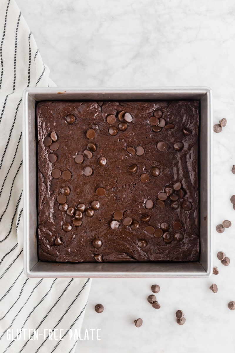 a metal panfilled with baked flourless brownies