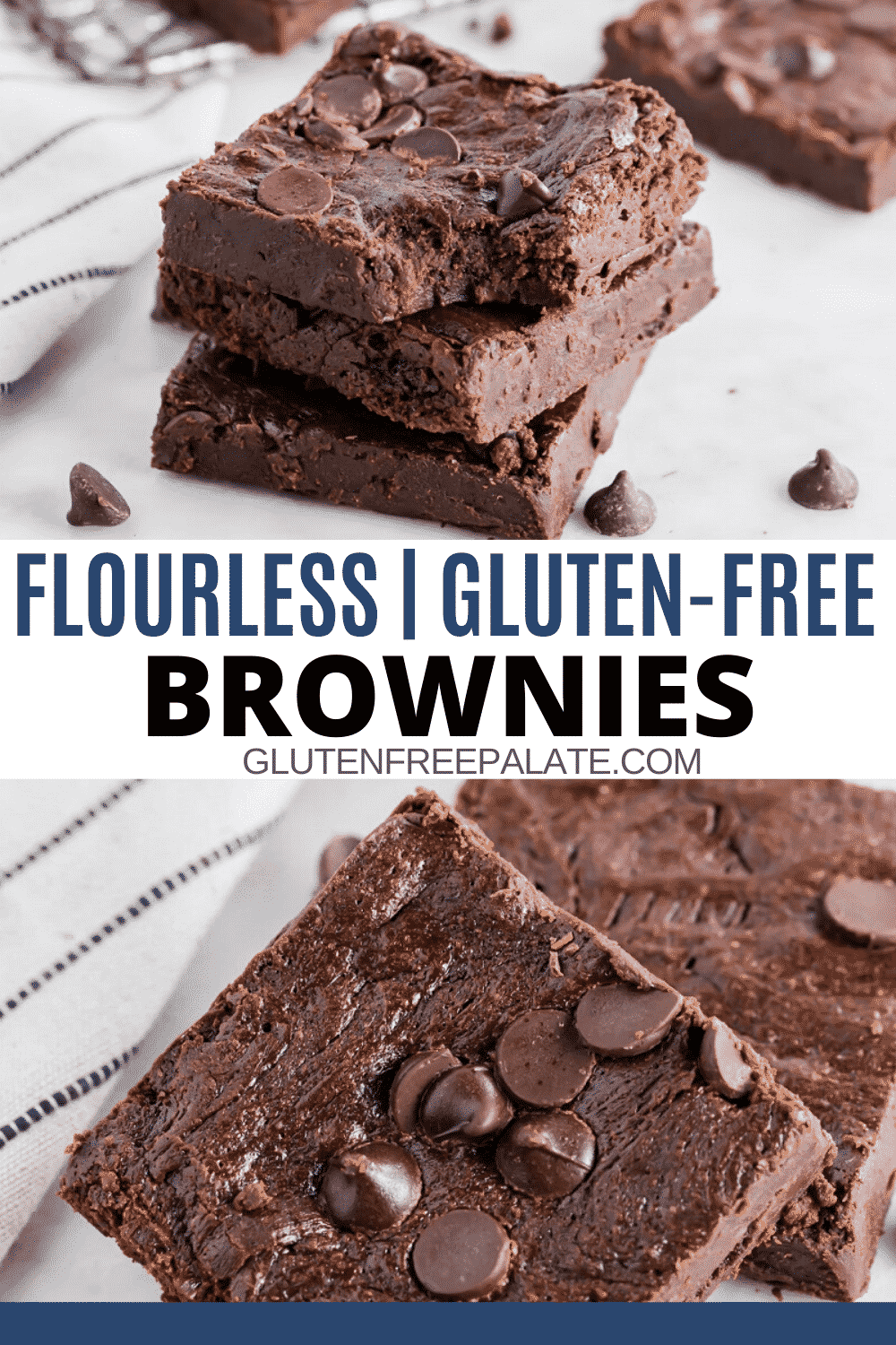 a pinterest pin collage of two photos of flourless brownies with the words flourless gluten-free brownies in the center in text