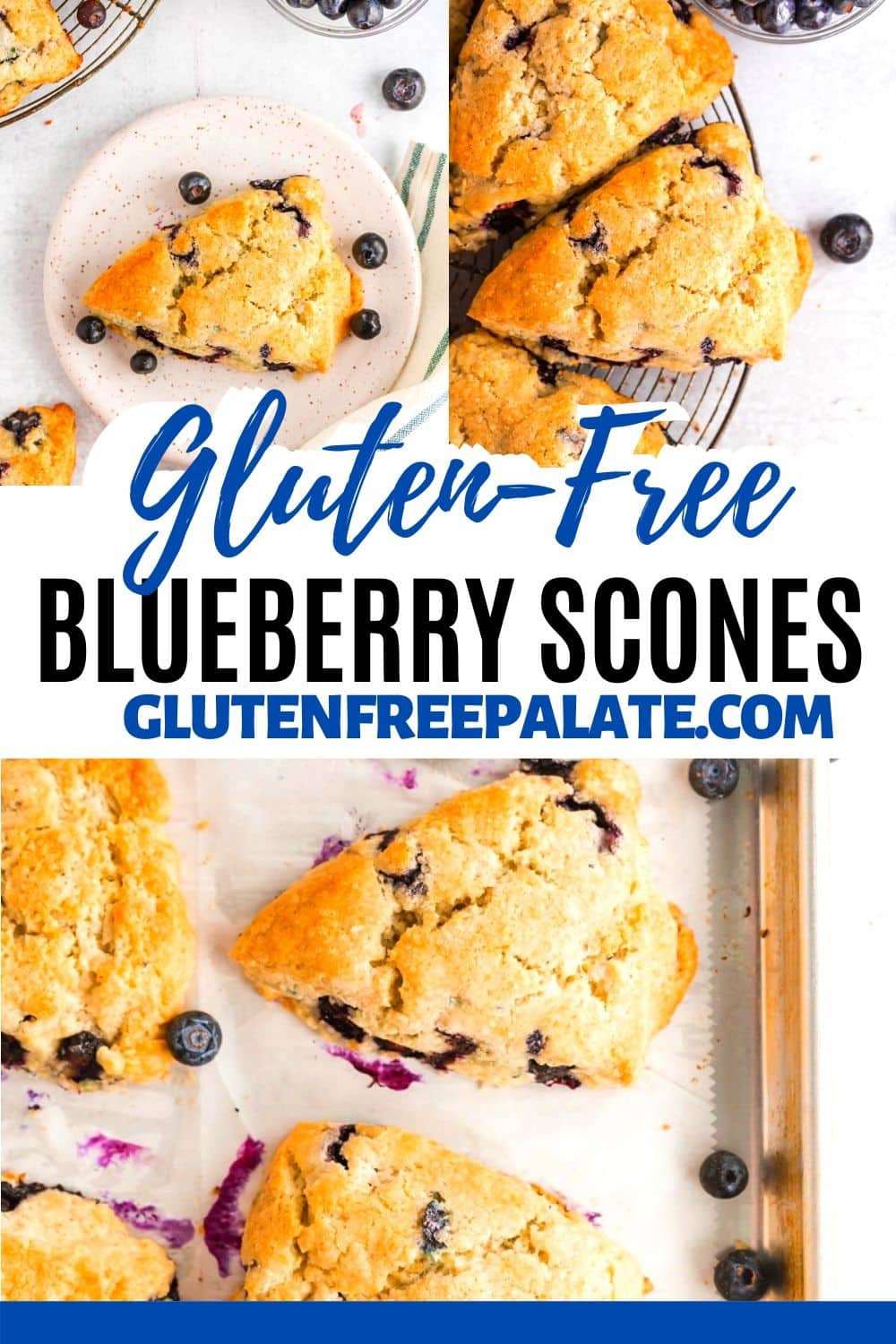 a pinterest collage with three photos of blueberry scones with the words gluten free blueberry scones in the center