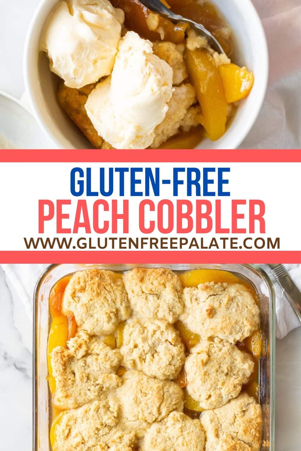 peach cobbler pinterest pin with images of peach cobbler