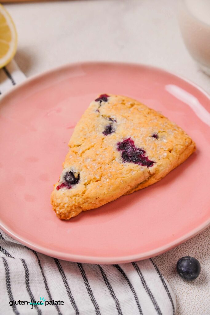 A Gluten-Free Blueberry Scone on a pink plate.