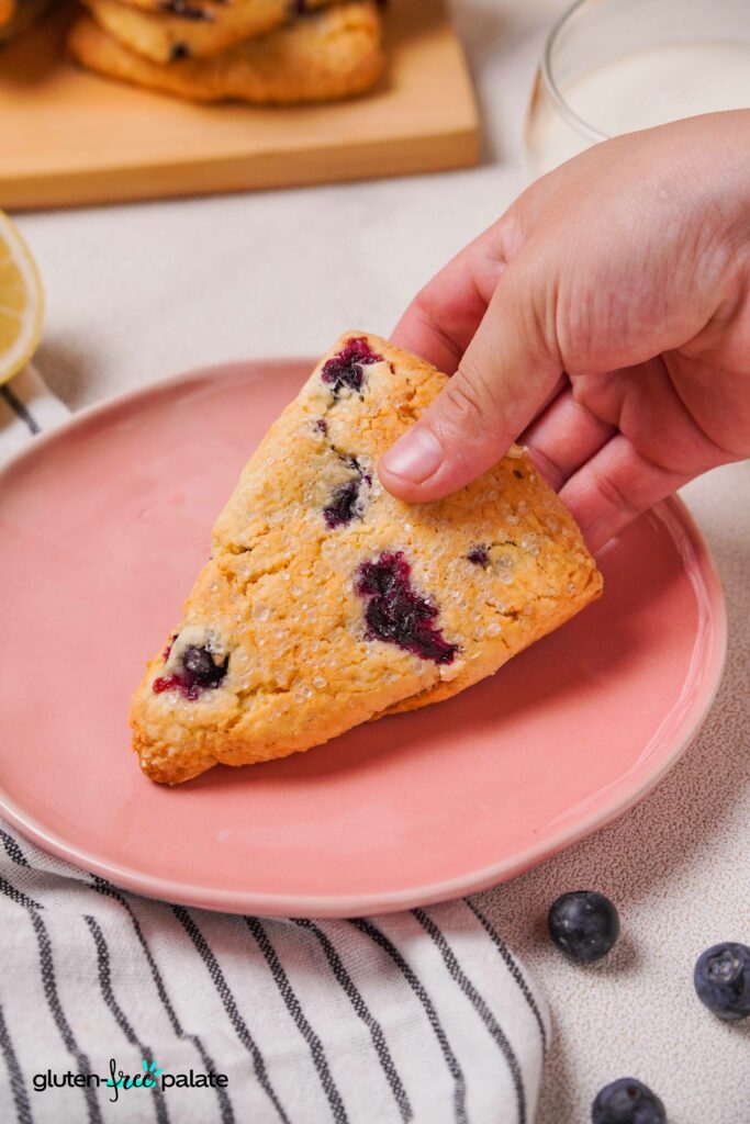 A sGluten-Free Blueberry Scone on a pink plate with a hand hloding it.