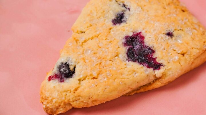 A Gluten-Free Blueberry Scone on a pink plate.