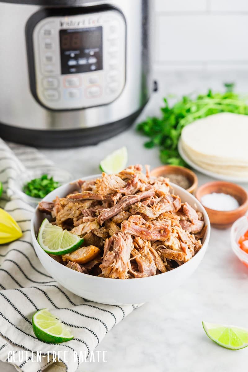 shredded carnitas in a white bowl - gluten-free instant pot recipes