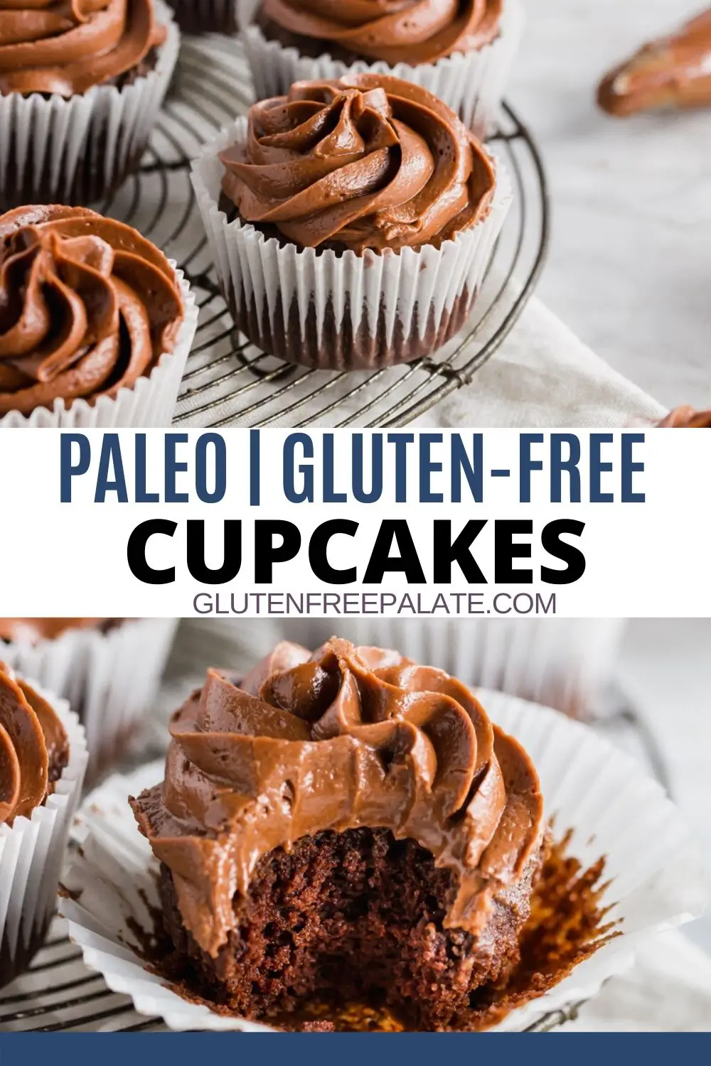 a pinterest pin collage of two photos with the words paleo gluten free cupcakes in the center