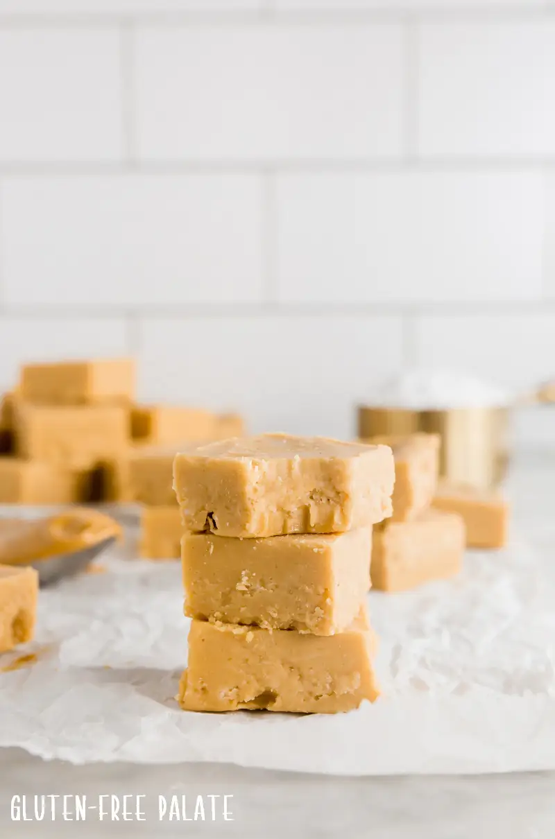three pieces of peanut butter fudge stacked