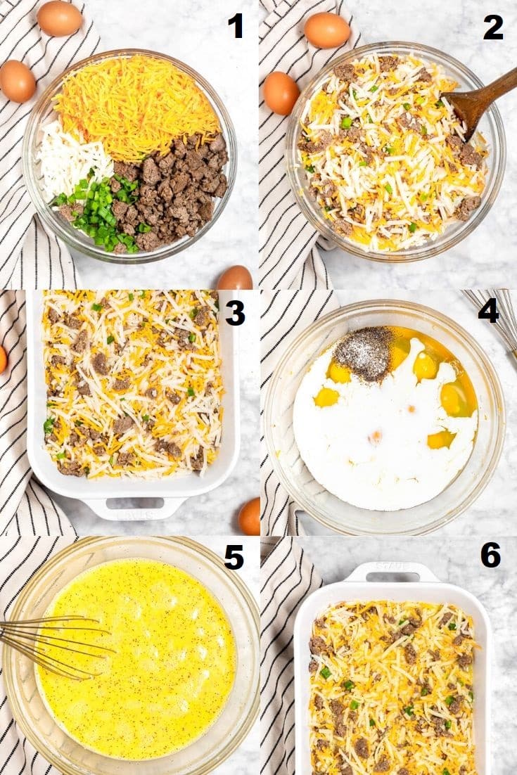 a collage of six photos showing the steps how to make a gluten-free breakfast casserole