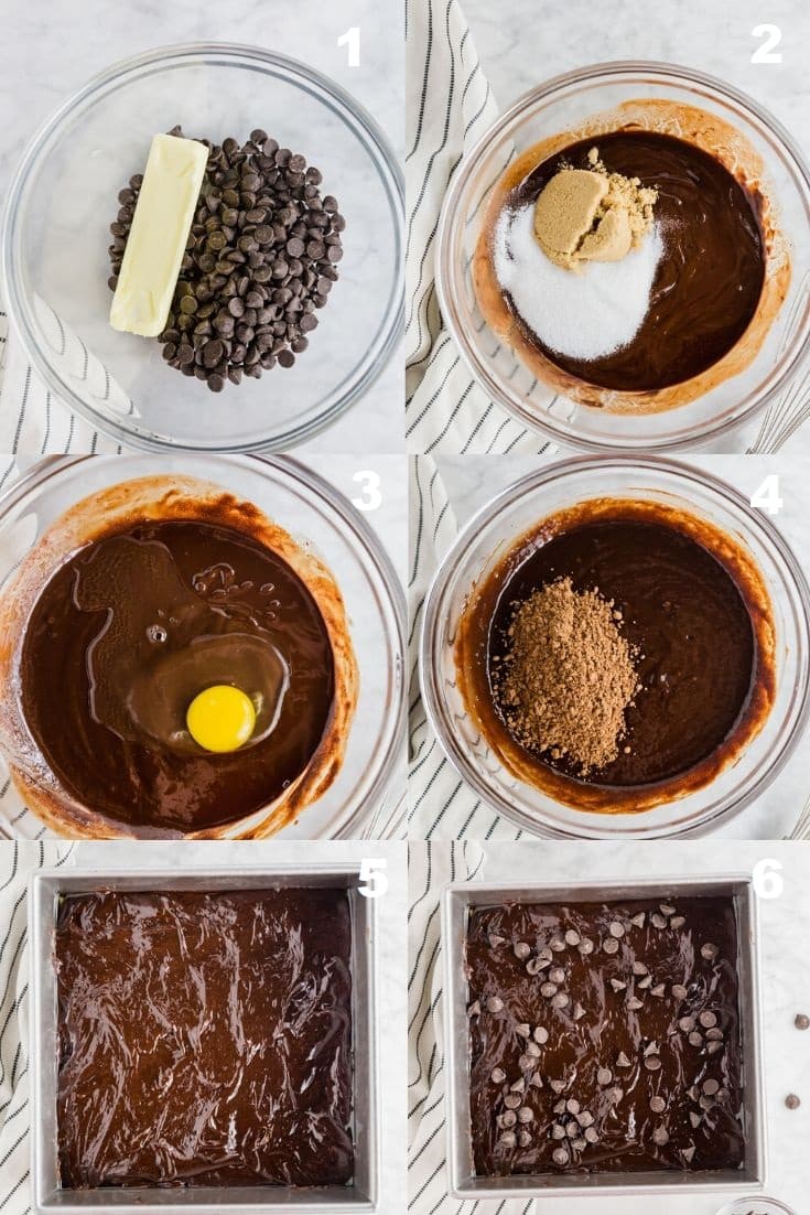 a collage of six photos showing how to make flourless brownies