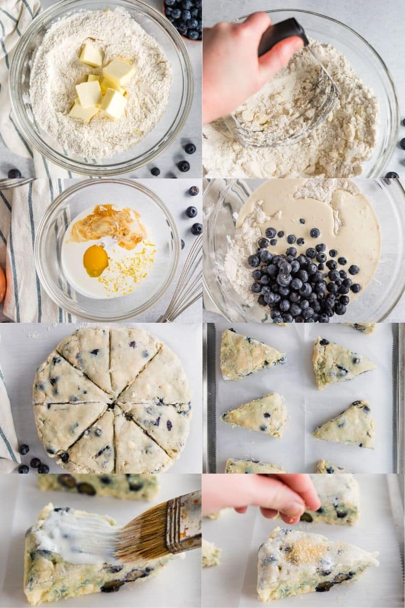 a collage of six images showing the steps to make gluten free blueberry scones