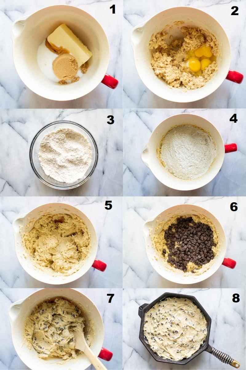 a collage of eight photos showing the steps to how to make a skillet cookie that match the numbered steps below