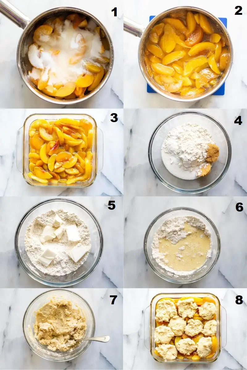 collage of eight images showing the steps on how to make gluten-free peach cobbler