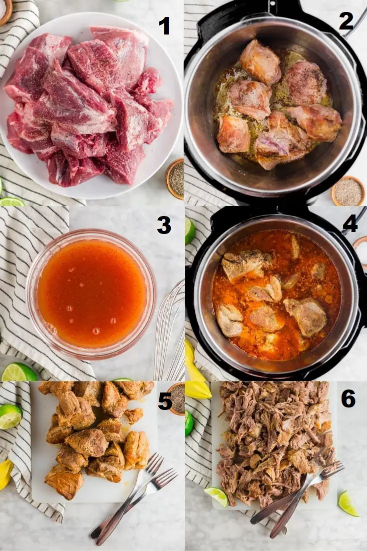 a collage of six photos showing how to make instant pot carnitas