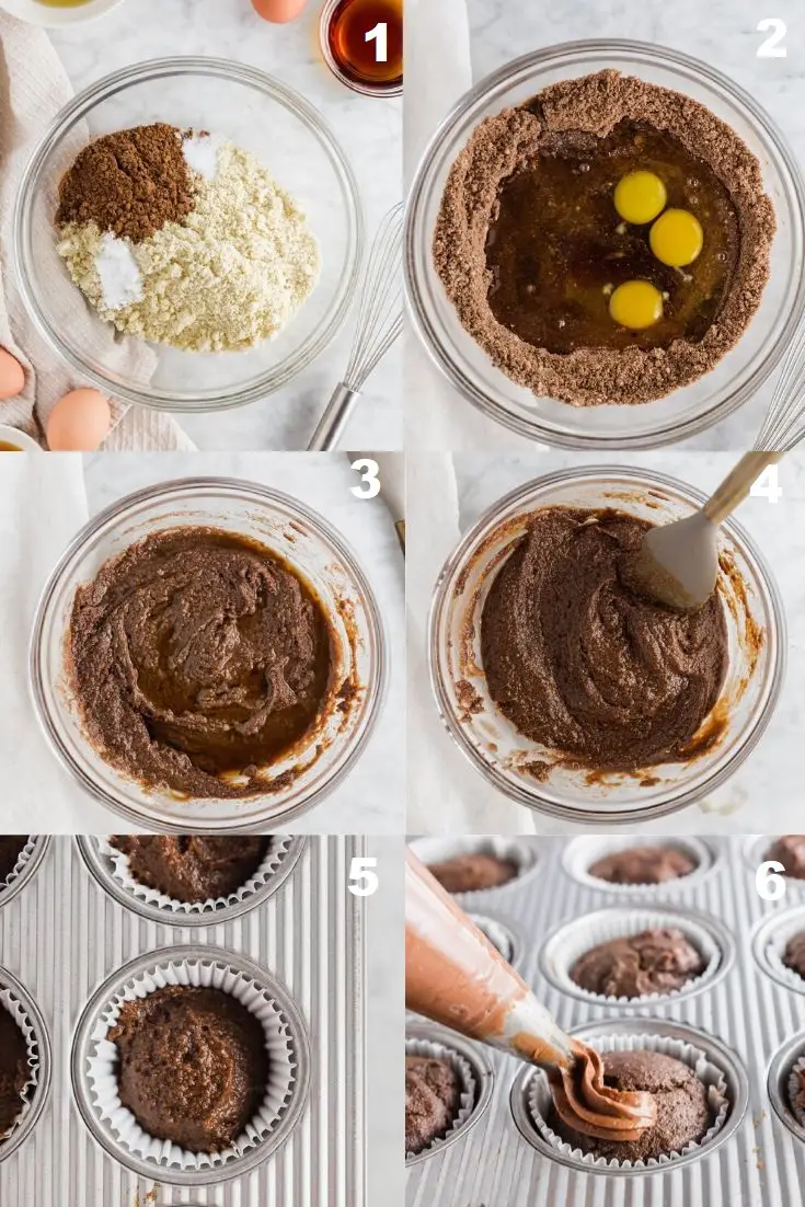 a collage of six photos showing how to make paleo chocolate cupcakes