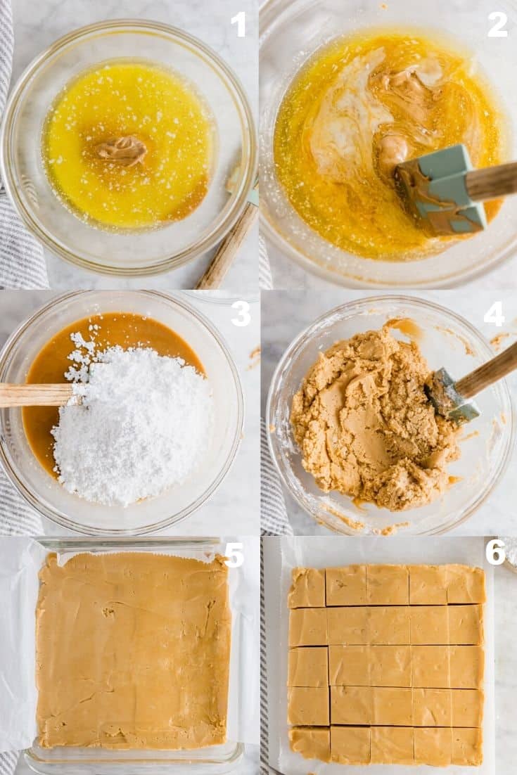 a collage of six photos showing how to make peanut butter fudge