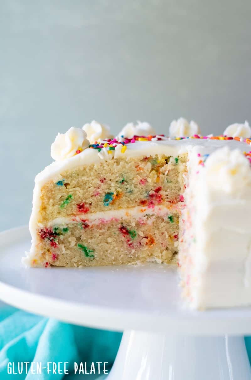 side view of the inside of a gluten free funfetti cake